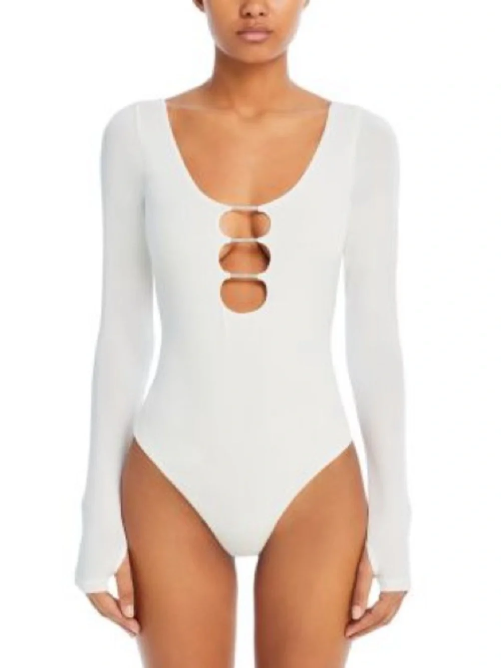 NWOT Alice and Olivia Women Cream Long-Sleeve Bodysuit with Front Cutout Size S